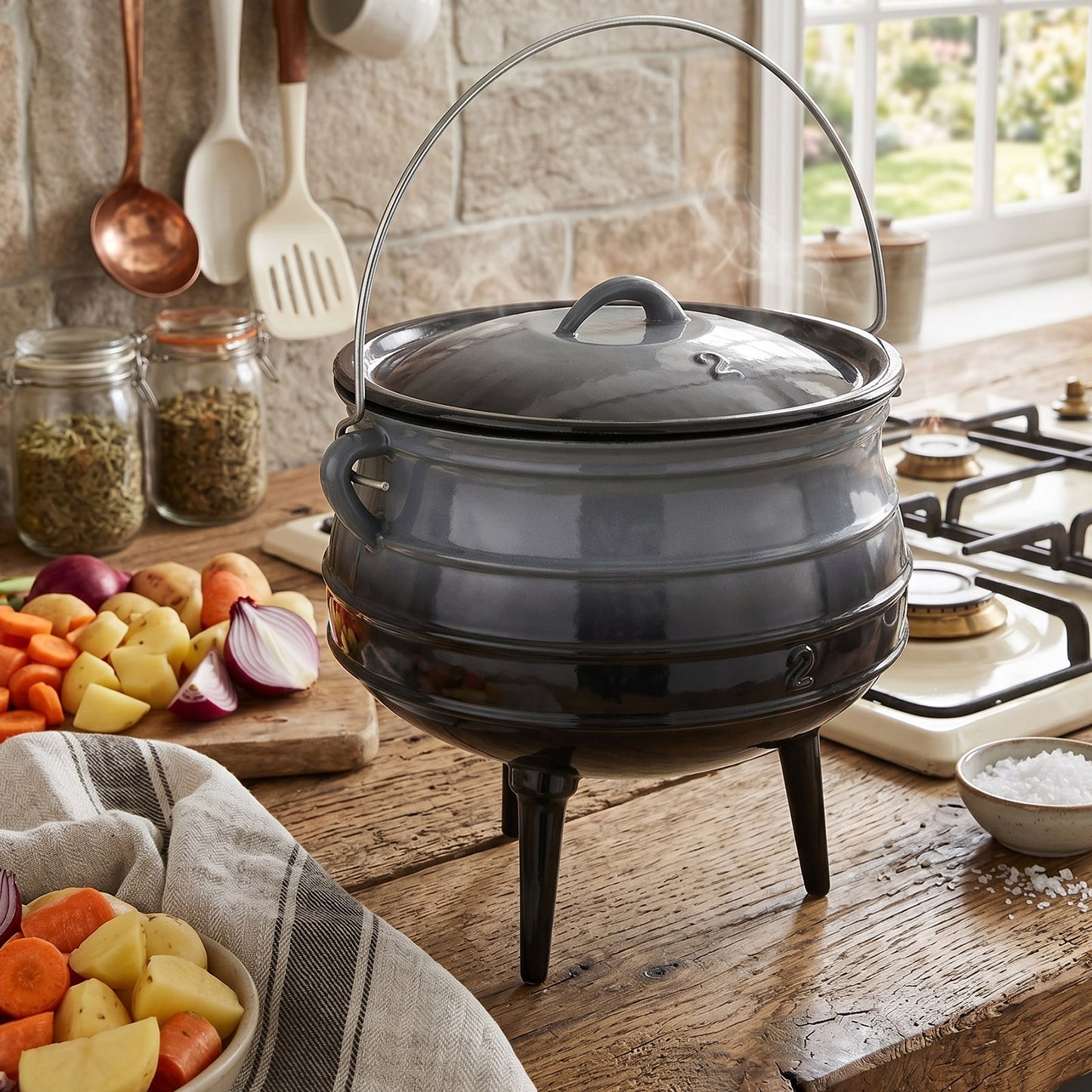 Enameled Cast Iron Cauldron with Lid and Three Legs
