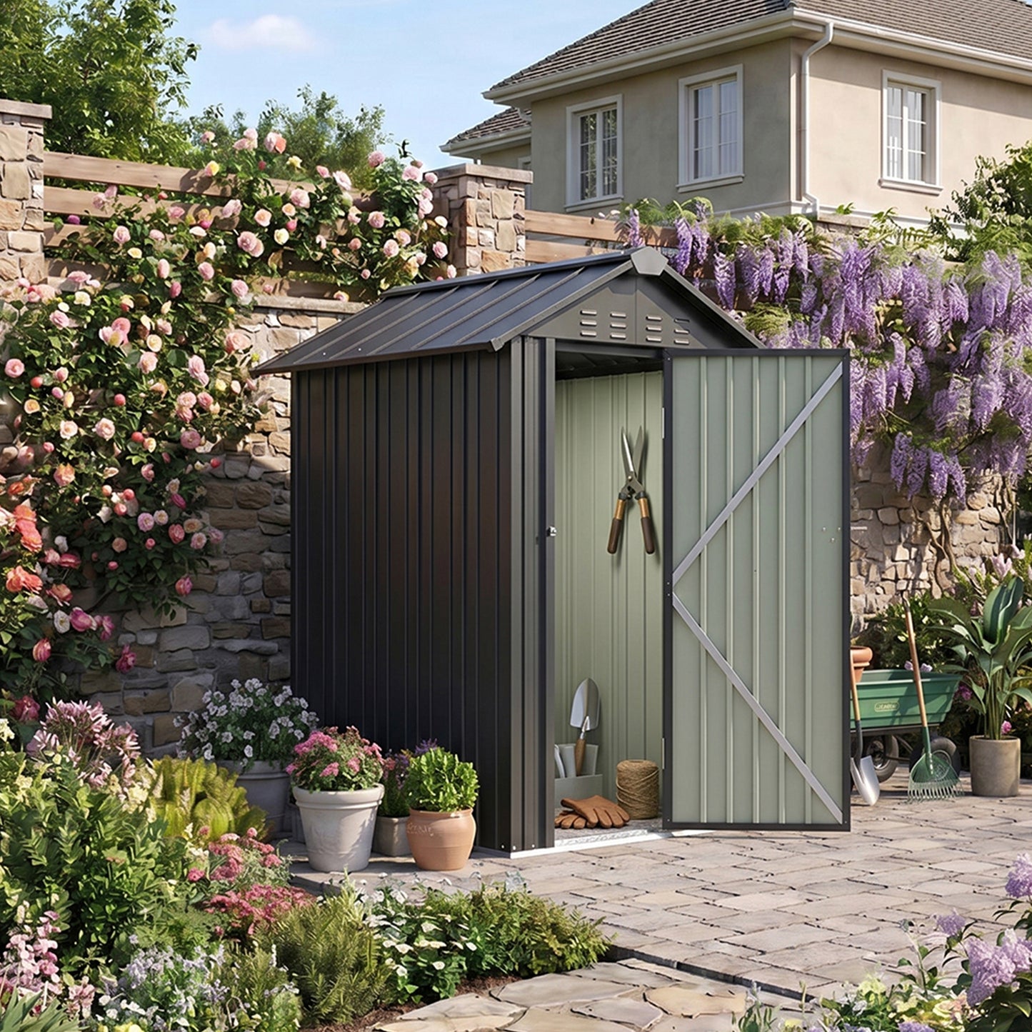 4x4 FT Metal Apex Roof Garden Tool Storage Shed