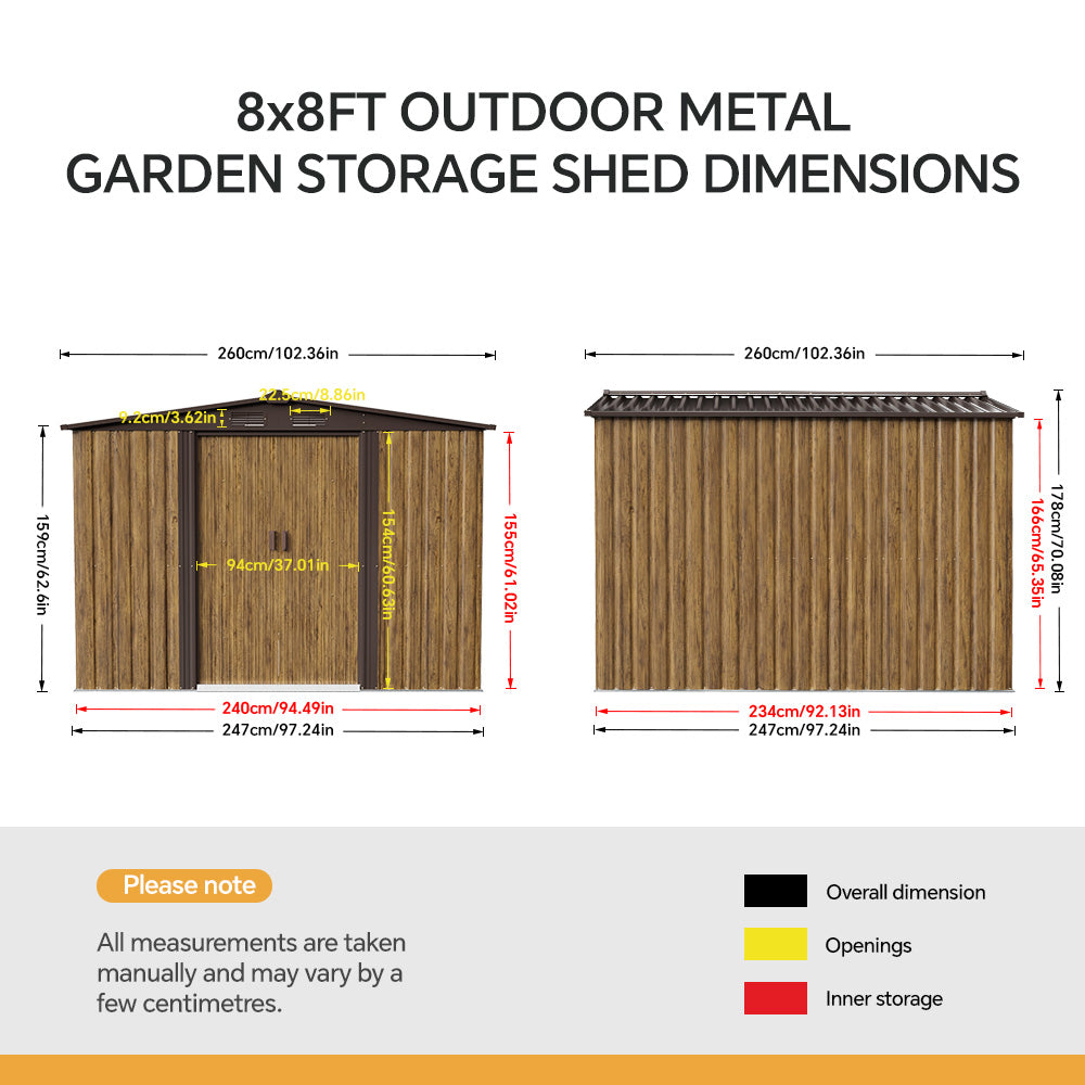 8x8FT Apex Roof Metal Garden Storage Shed with Sliding Door