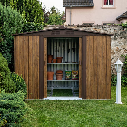8x8FT Apex Roof Metal Garden Storage Shed with Sliding Door