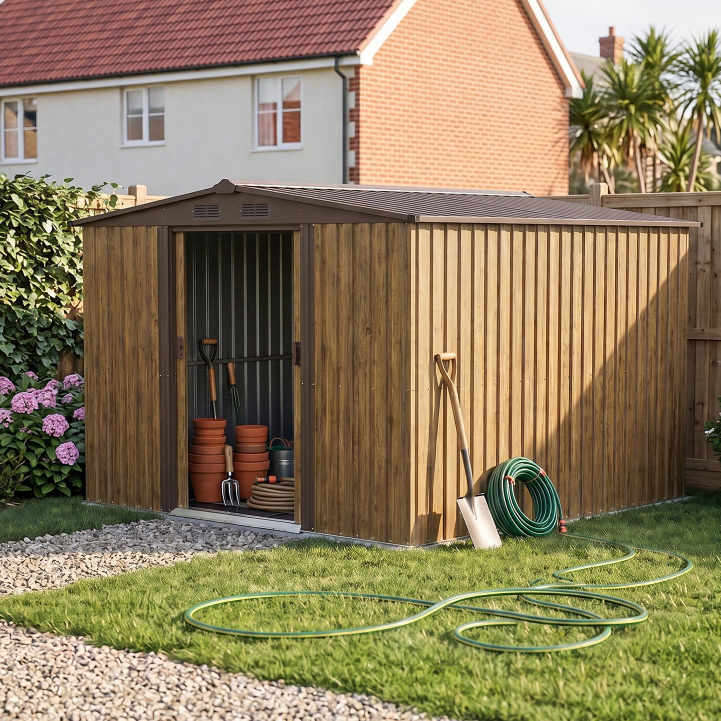 8x8FT Apex Roof Metal Garden Storage Shed with Sliding Door