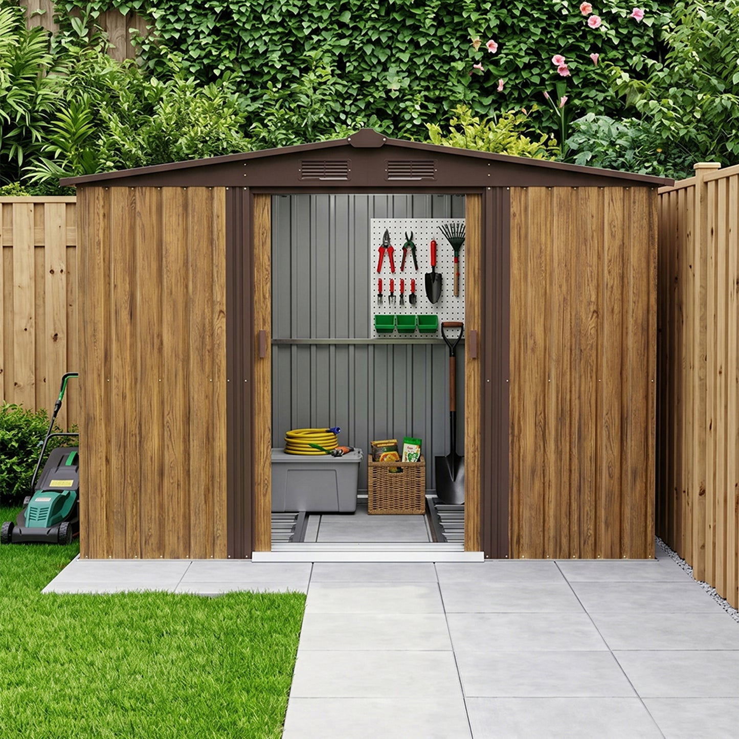 8x8FT Apex Roof Metal Garden Storage Shed with Sliding Door