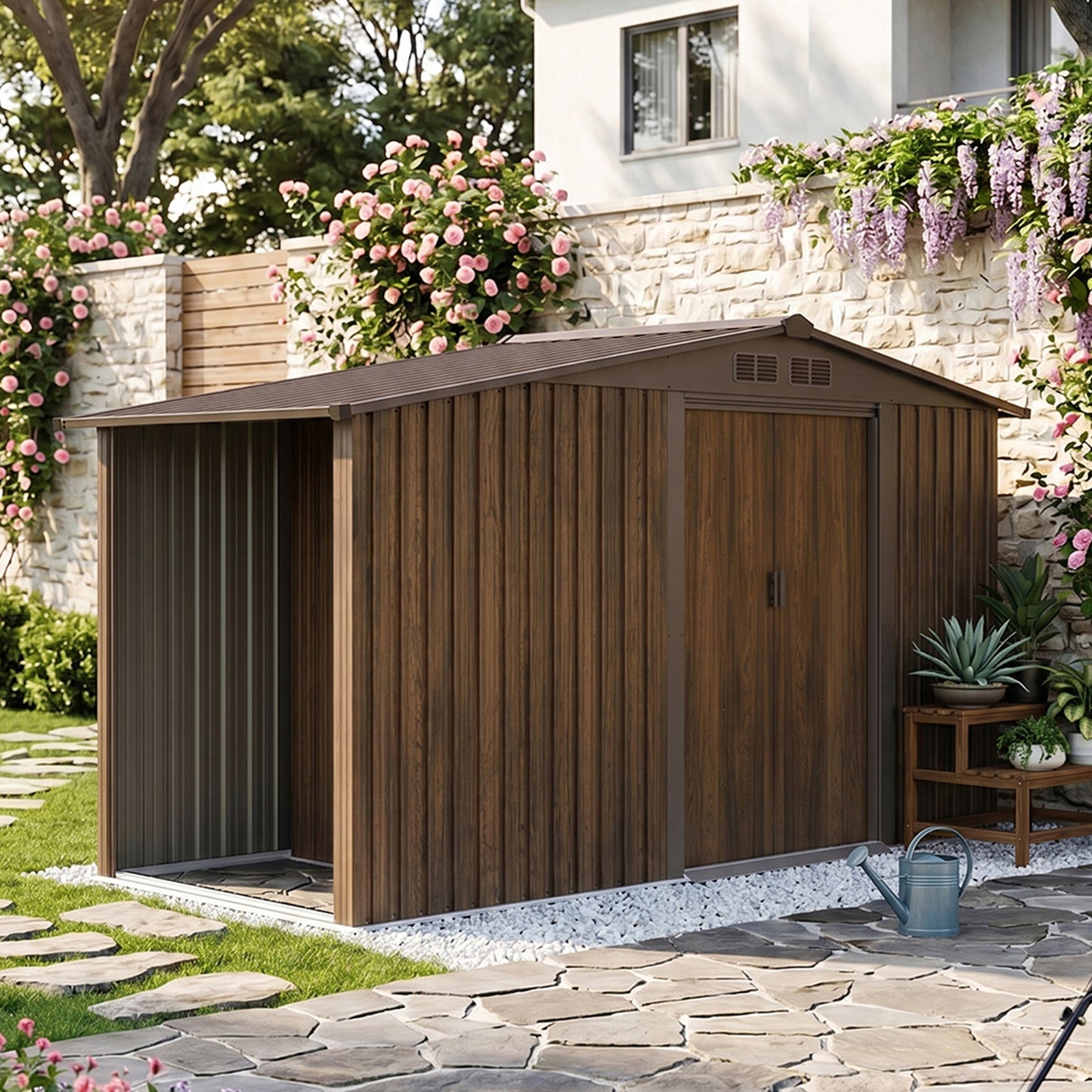 4x8FT Metal Garden Storage Shed with Log Storage