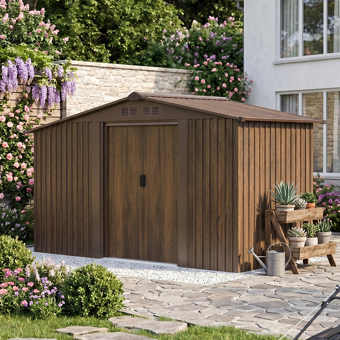 4x8FT Metal Garden Storage Shed with Log Storage