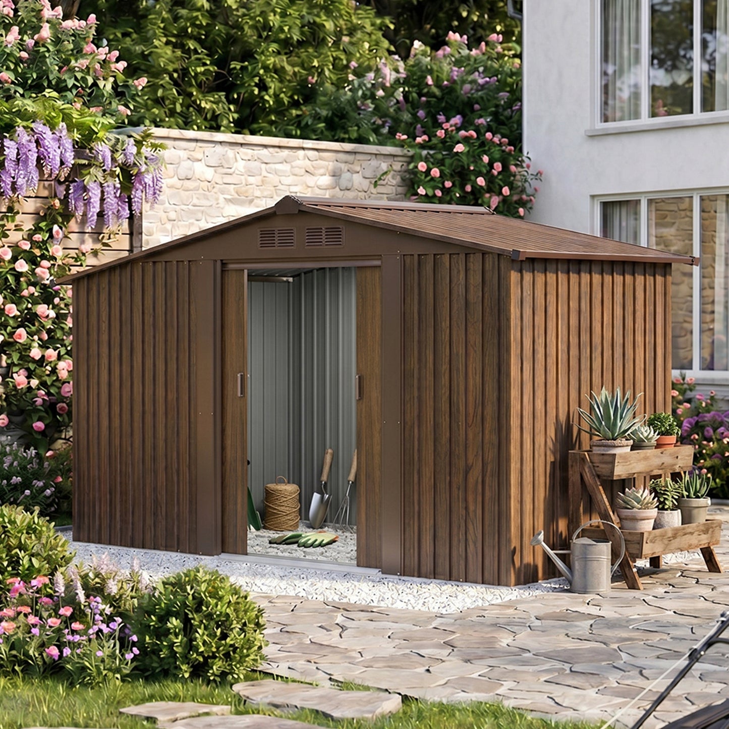 4x8FT Metal Garden Storage Shed with Log Storage
