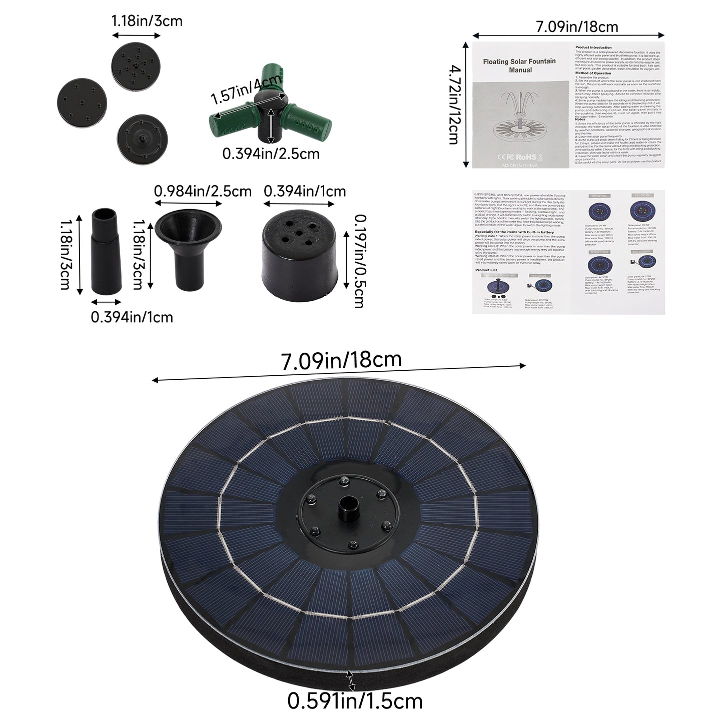Floating Solar Fountain with Interchangeable Spray Heads