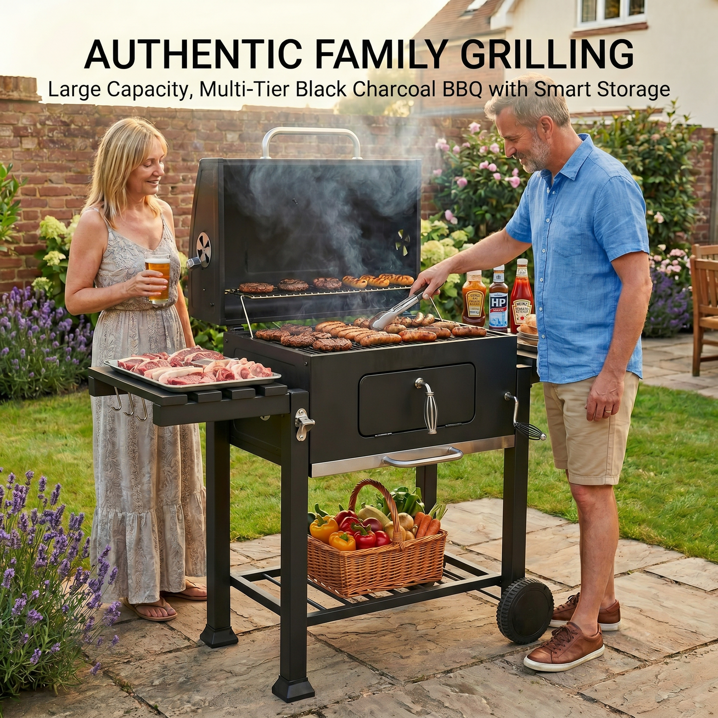 138CM Wide Charcoal BBQ Grill with Side Shelves