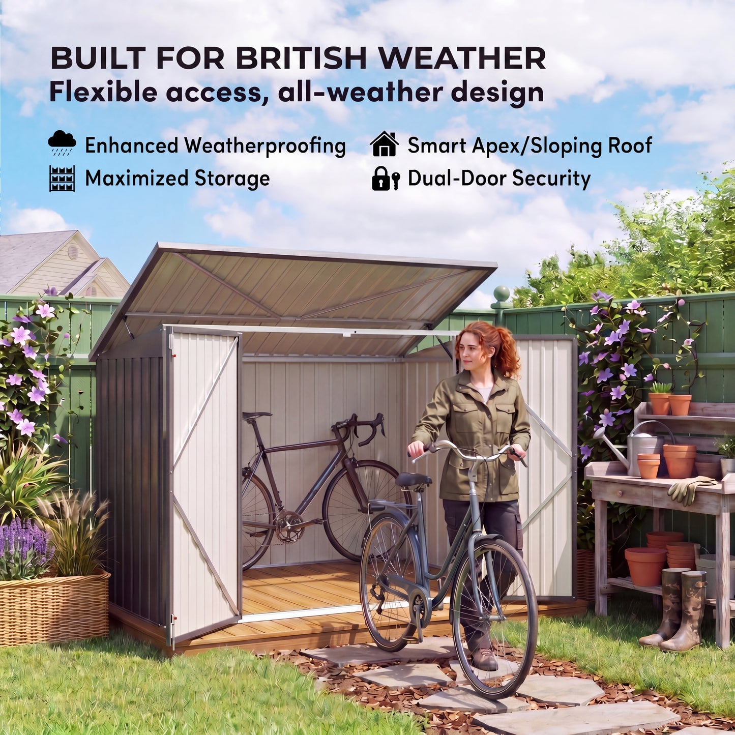 Woman with a bicycle in front of a garden shed with text about weatherproofing and design features.