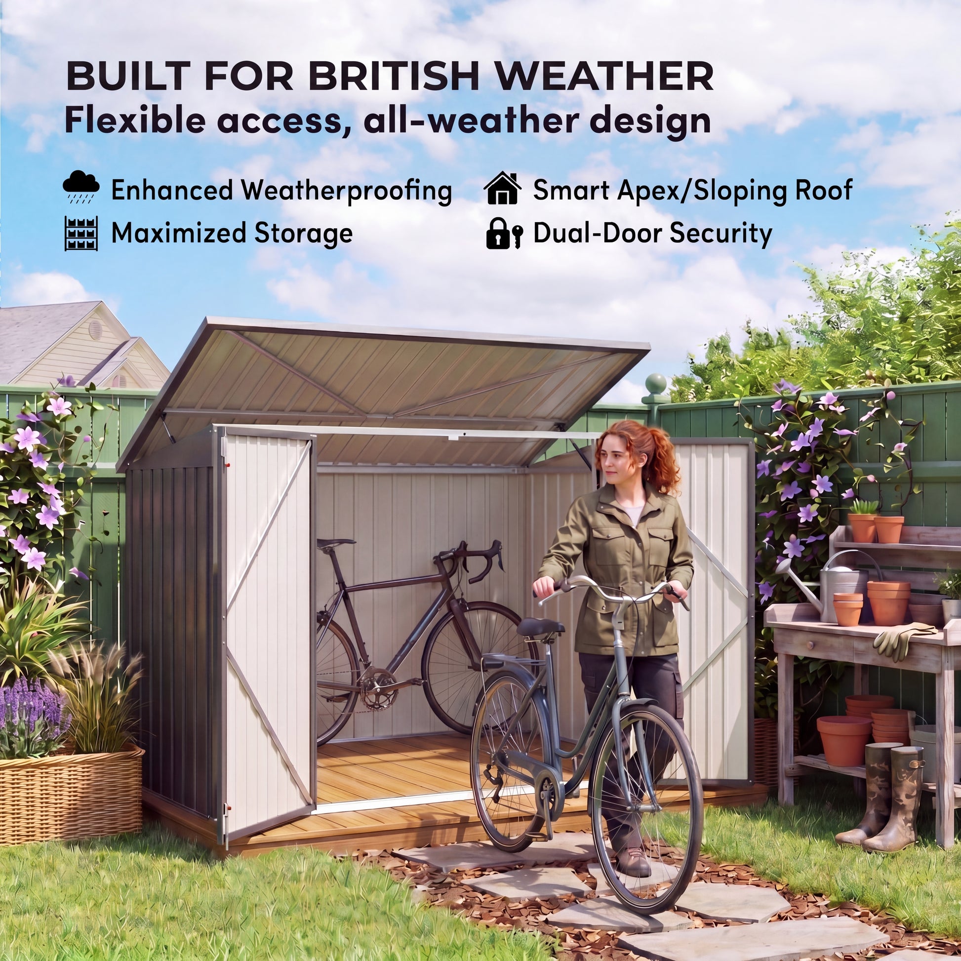 Woman with a bicycle in front of a garden shed with text about weatherproofing and design features.