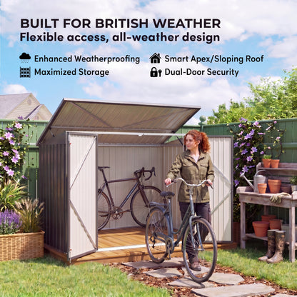 Woman with a bicycle in front of a garden shed with text about weatherproofing and design features.