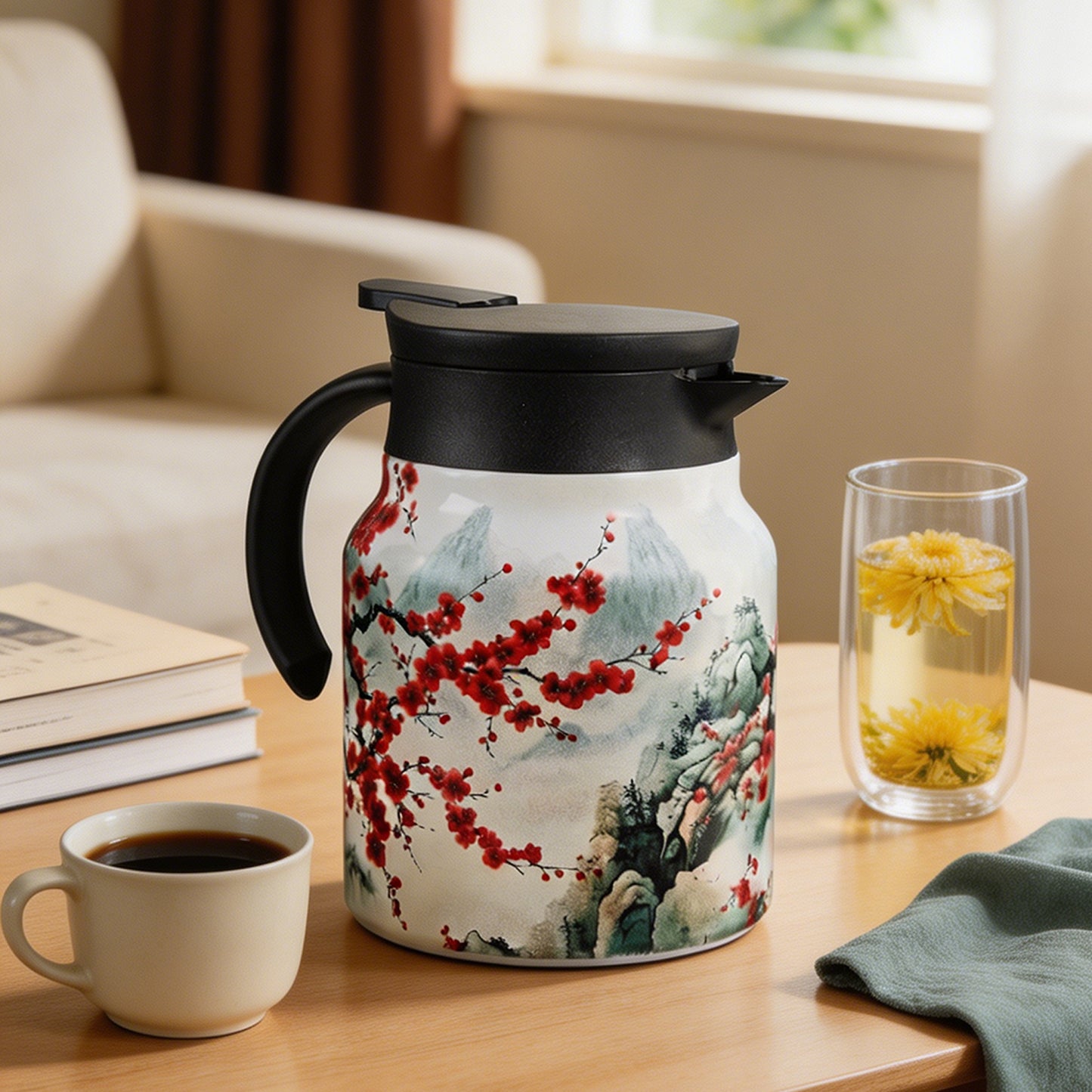 Vintage Floral Pattern Thermal Carafe Teapot with Built-in Infuser