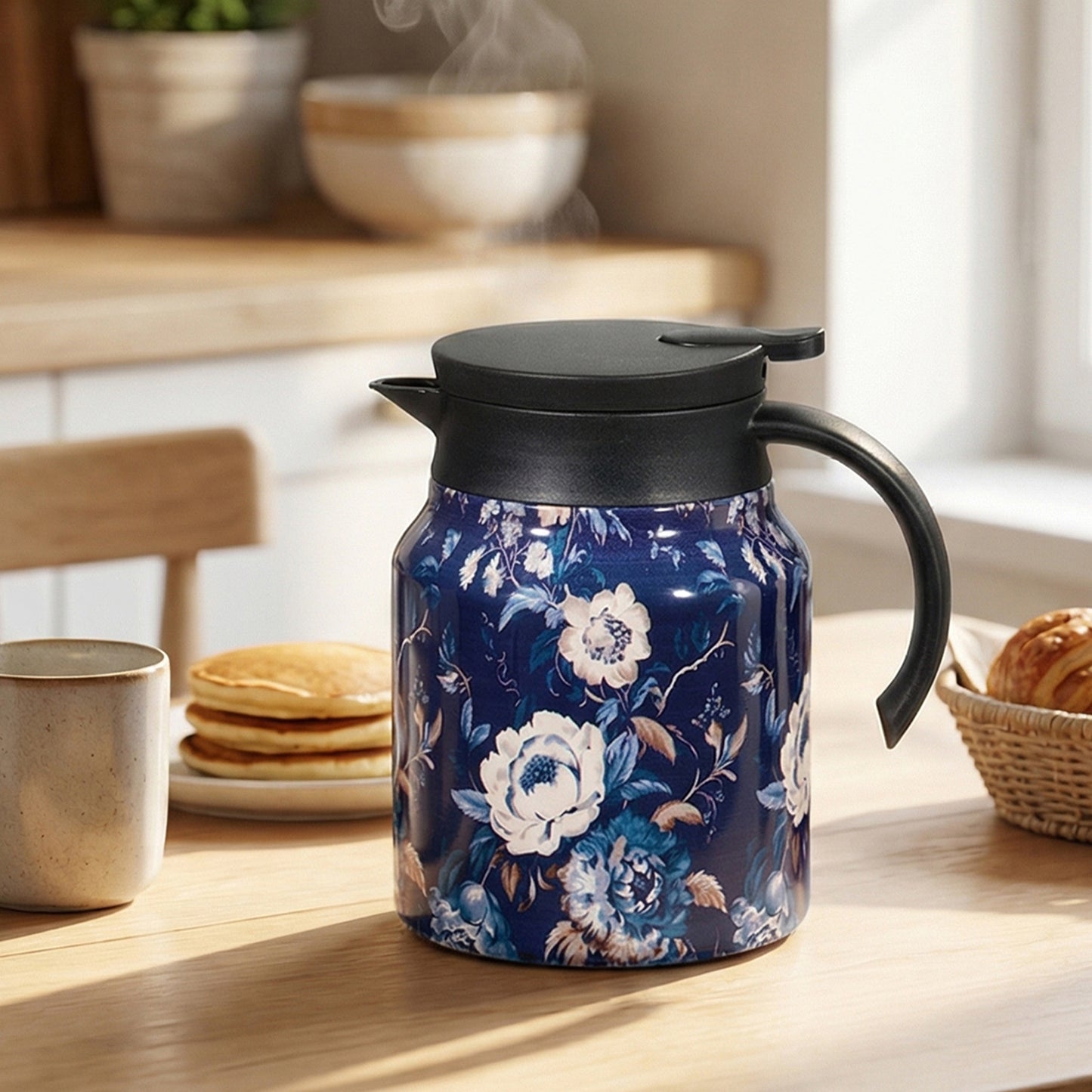 Vintage Floral Pattern Thermal Carafe Teapot with Built-in Infuser