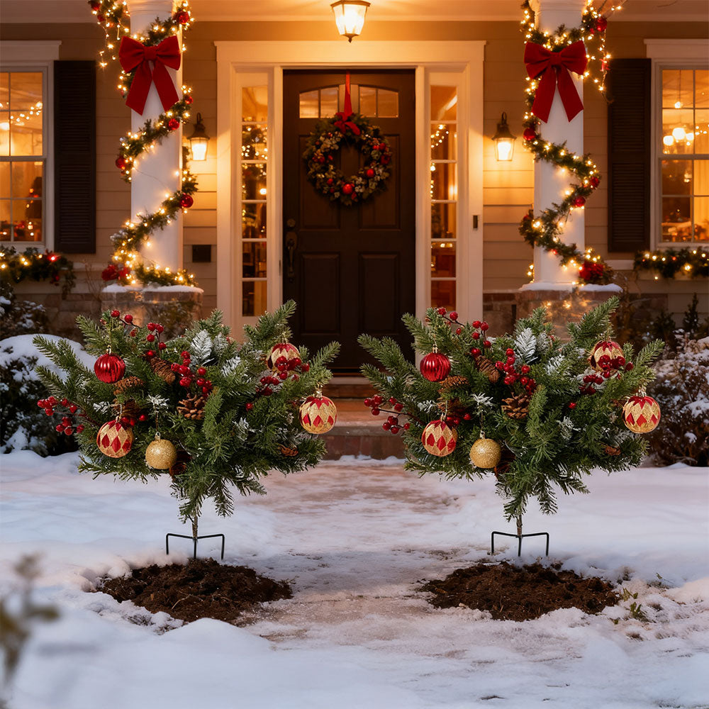 2pcs Artificial Pre-Lit Christmas Planter Bushes Decorations