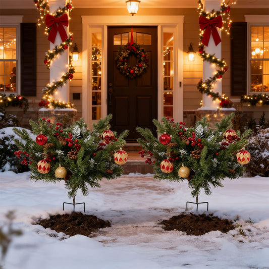 2pcs Artificial Pre-Lit Christmas Planter Bushes Decorations