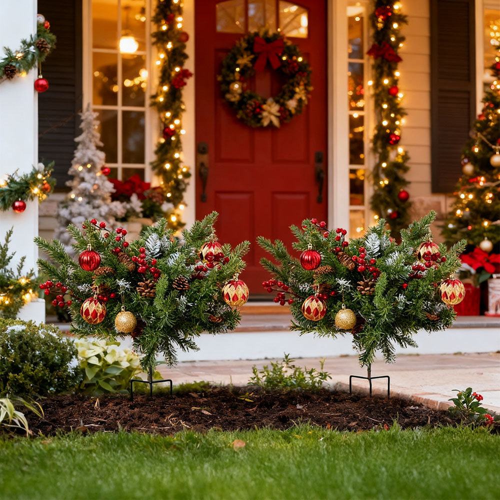 2pcs Artificial Pre-Lit Christmas Planter Bushes Decorations