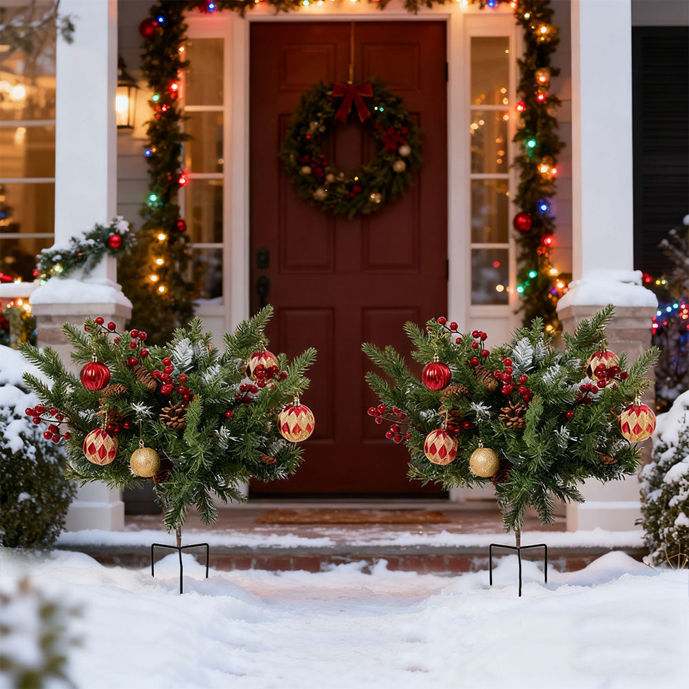 2pcs Artificial Pre-Lit Christmas Planter Bushes Decorations