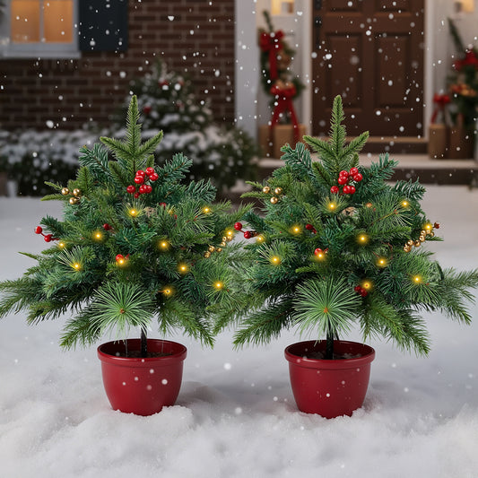 Pack of 2 Artificial Christmas Tree Urn Filler Decoration with String Lights