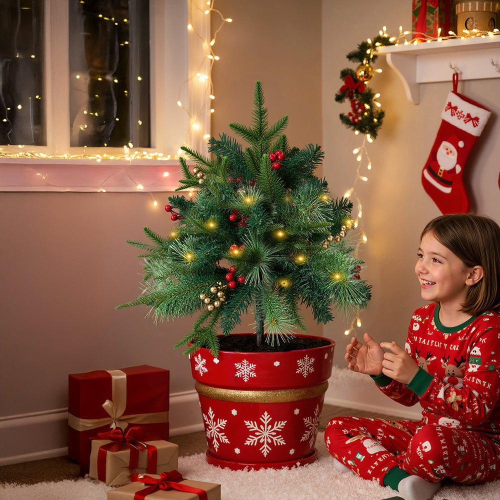 Pack of 2 Artificial Christmas Tree Urn Filler Decoration with String Lights