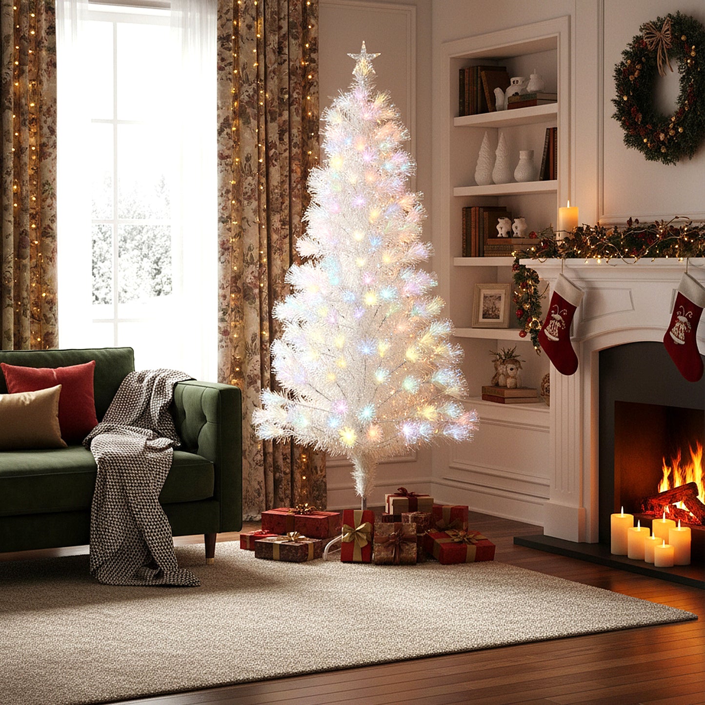 6FT/1.8M Pre-Lit Artificial Christmas Tree with Foldable Metal Stand