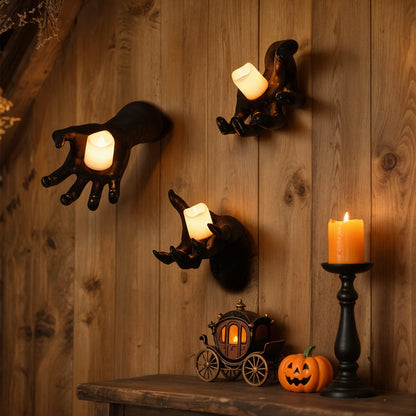 3 Pack Wall-Mounted Creepy Reaching Hands with LED Candles Halloween Decors