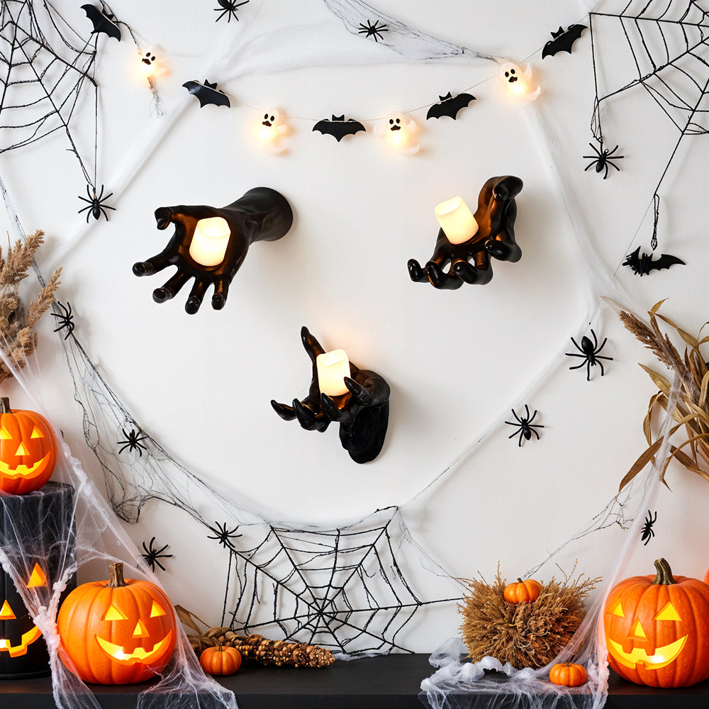 3 Pack Wall-Mounted Creepy Reaching Hands with LED Candles Halloween Decors