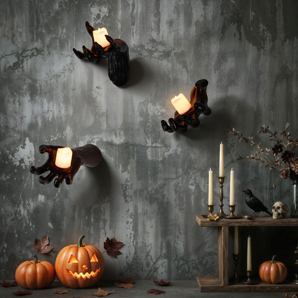 3 Pack Wall-Mounted Creepy Reaching Hands with LED Candles Halloween Decors