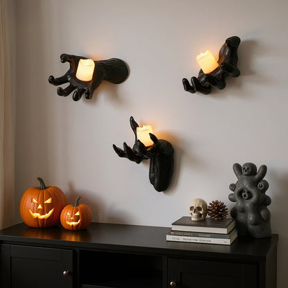 3 Pack Wall-Mounted Creepy Reaching Hands with LED Candles Halloween Decors