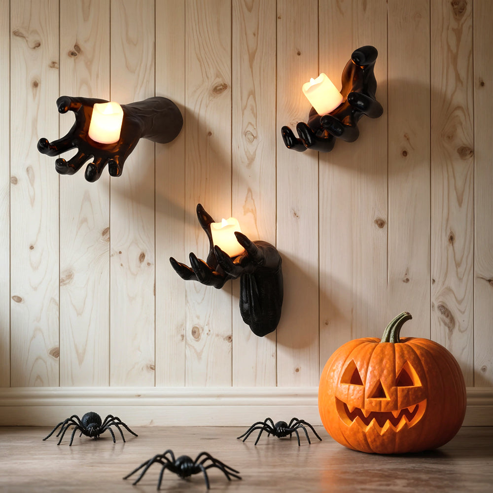 3 Pack Wall-Mounted Creepy Reaching Hands with LED Candles Halloween Decors