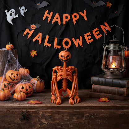 Posable Halloween Pumpkin Skeleton Decoration