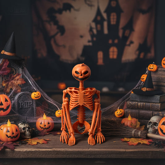 Posable Halloween Pumpkin Skeleton Decoration