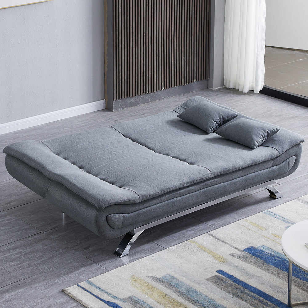 190cm Wide Grey 3 Seater Sofa Linen Convertible Sofa Bed with 2 Pillows
