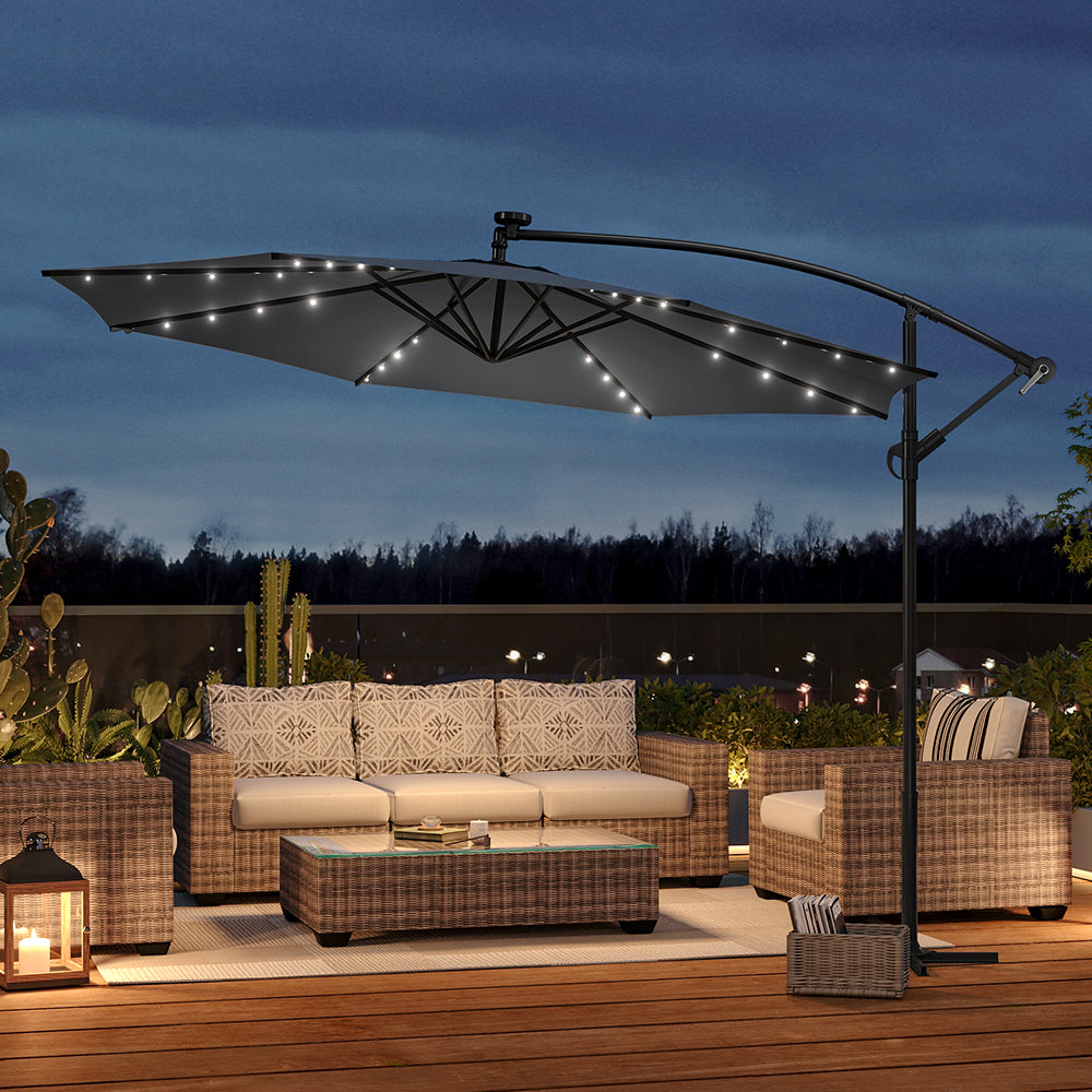 Grey Outdoor Cantilever Parasol Umbrella with LED Lights