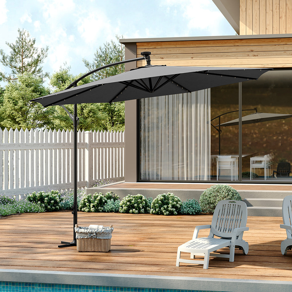 Grey Outdoor Cantilever Parasol Umbrella with LED Lights