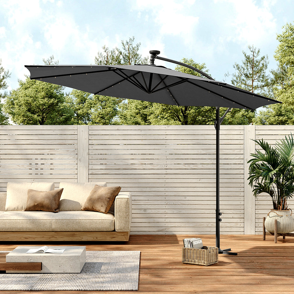 Grey Outdoor Cantilever Parasol Umbrella with LED Lights