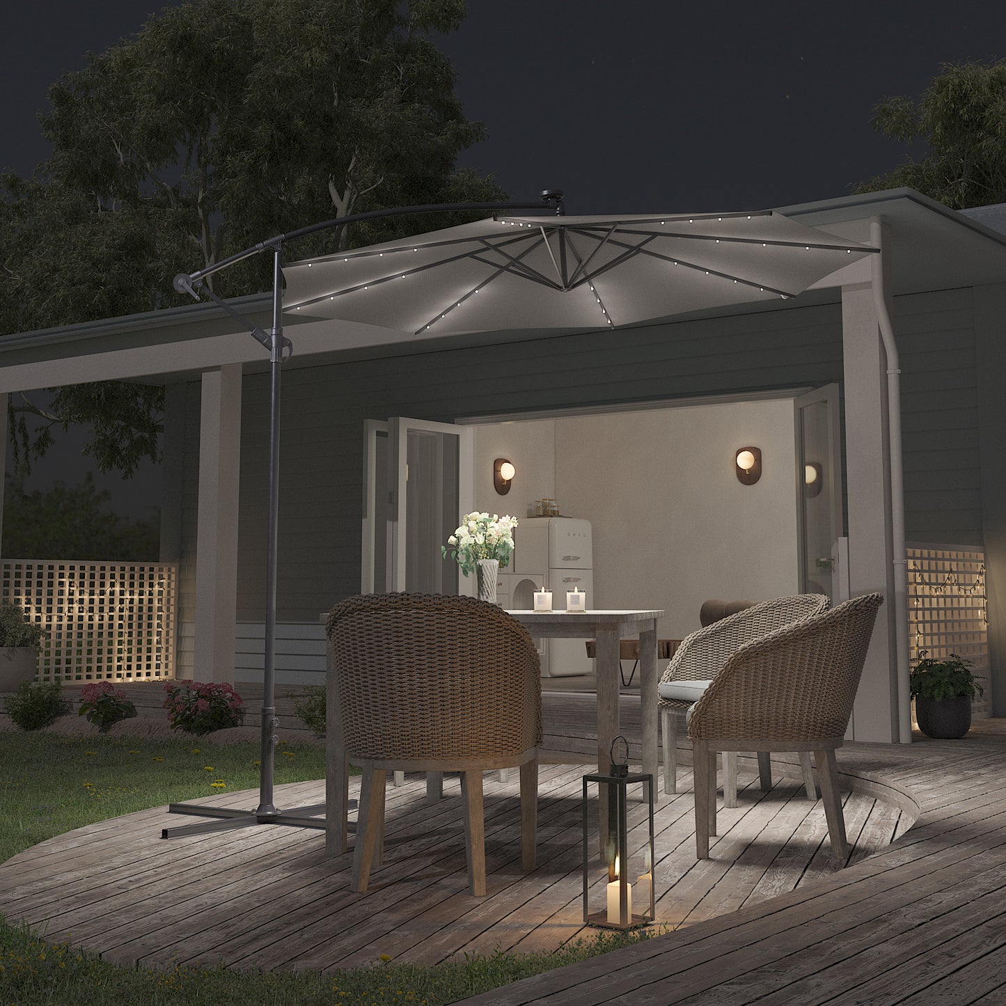 Grey Outdoor Cantilever Parasol Umbrella with LED Lights
