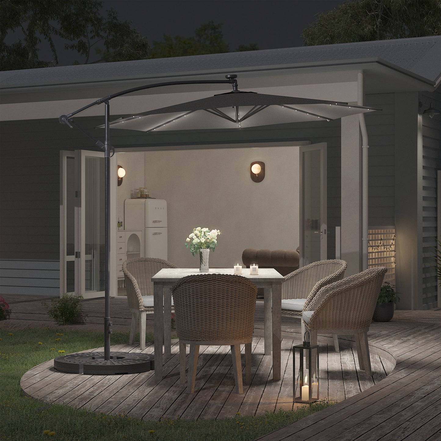 Grey Outdoor Cantilever Parasol Umbrella with LED Lights