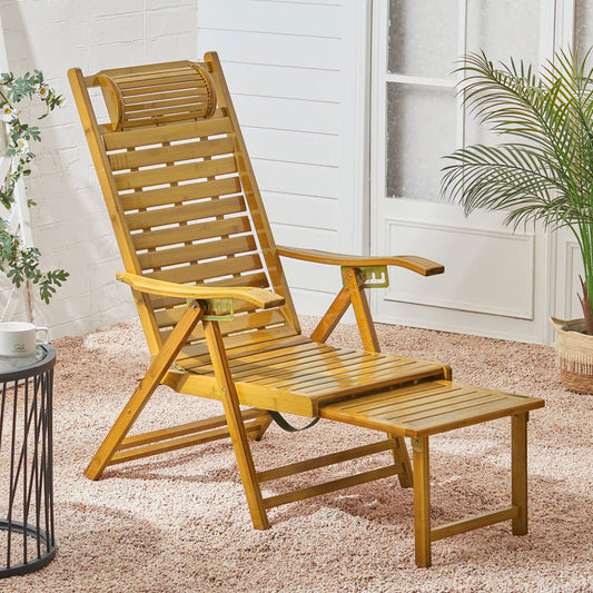 Garden Bamboo Wood Foldable Recliner Lounge Chair with Retractable Footrest