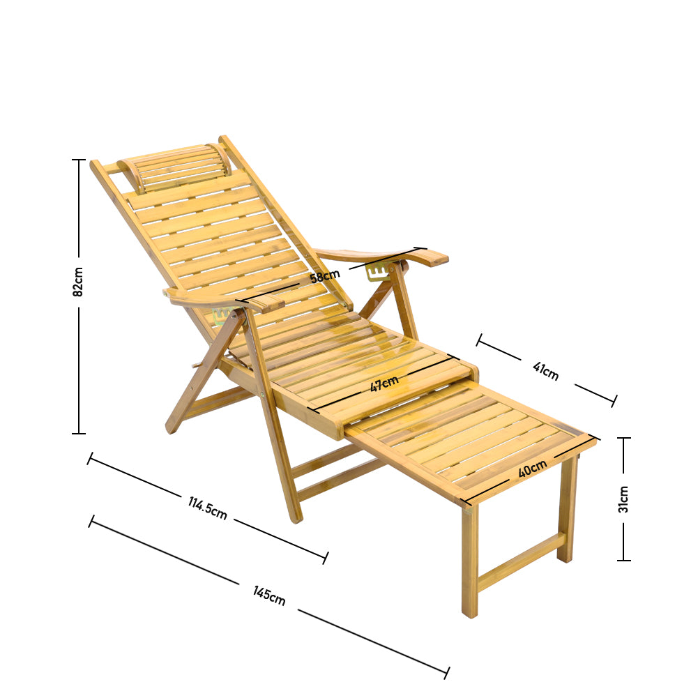 Garden Bamboo Wood Foldable Recliner Lounge Chair with Retractable Footrest