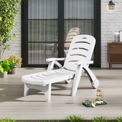 Outdoor Plastic Foldable Garden Poolside Lounger Recliner with Wheels