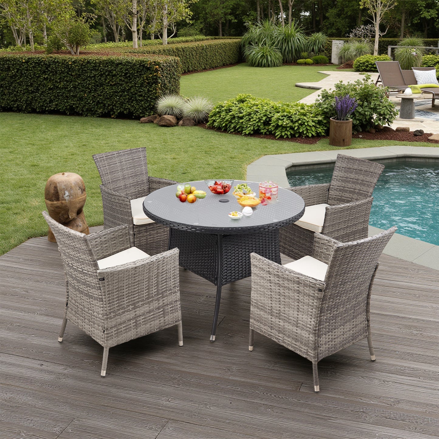Garden Rattan Tempered Glass Top Round Table with Parasol Hole