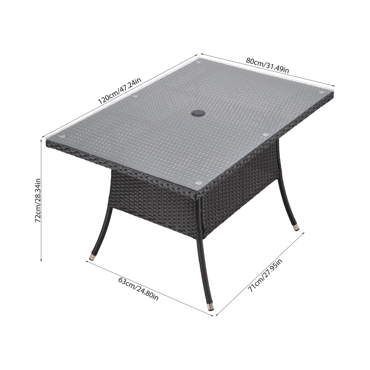 Garden Rattan Tempered Glass Top Rectangular Table with Parasol Hole
