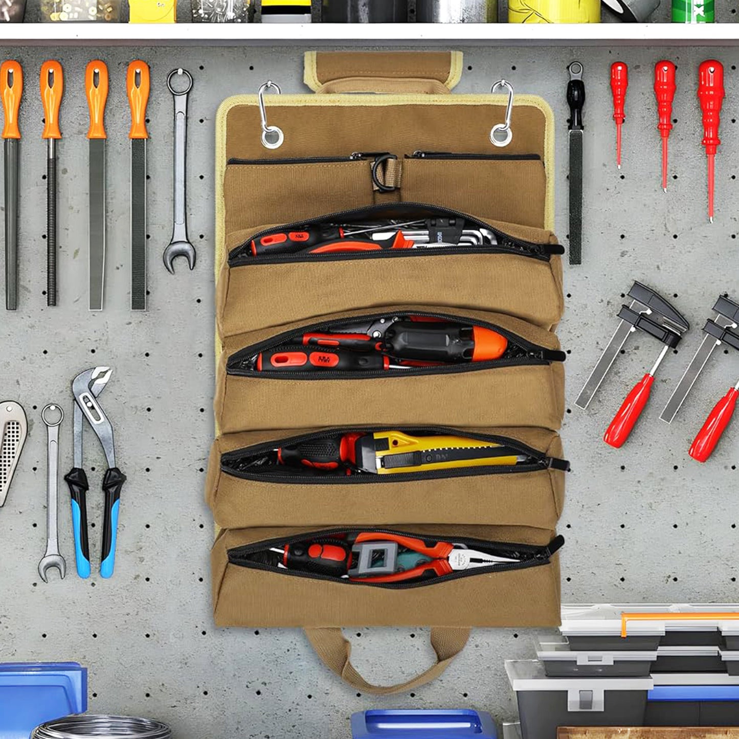 Roll Up Tool Storage Bag with 2 Detachable Tool Pockets