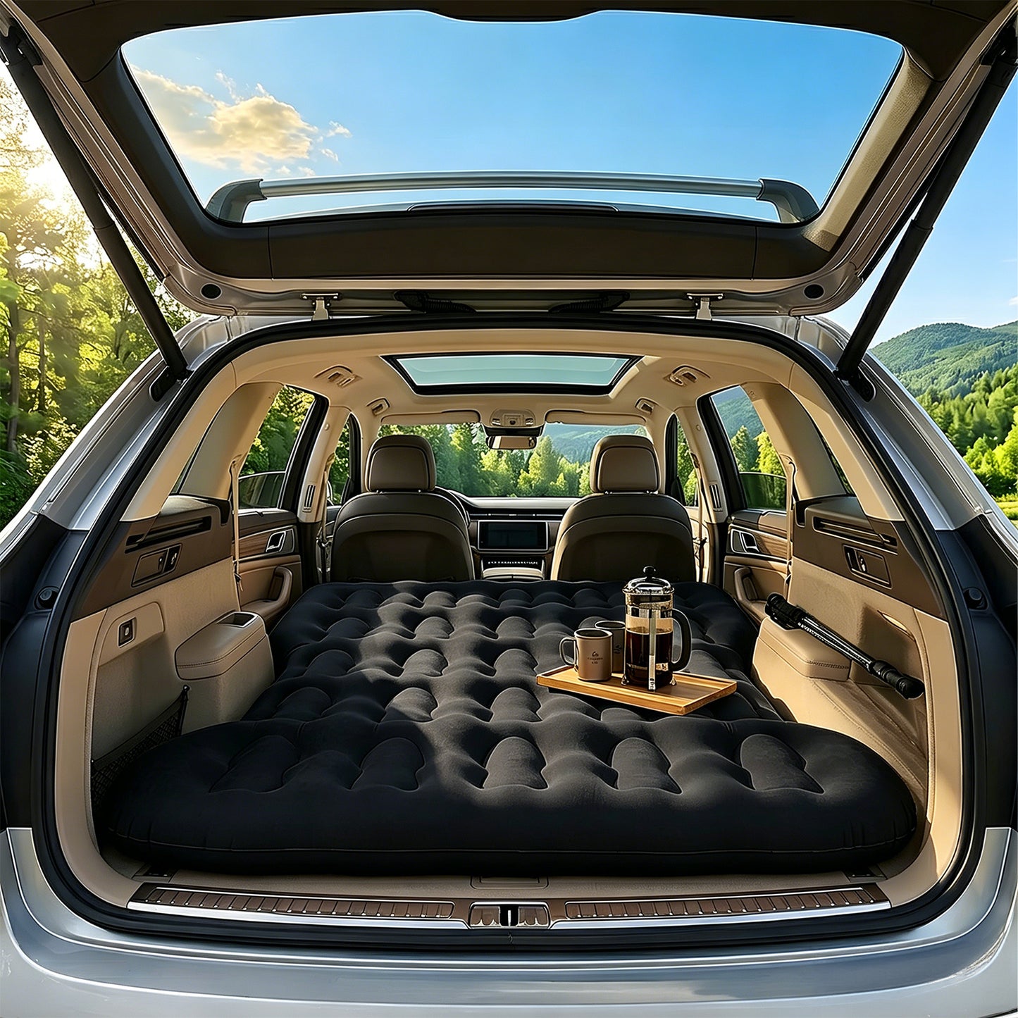 Inflatable Flocked Car Air Mattress with Built-in Pump