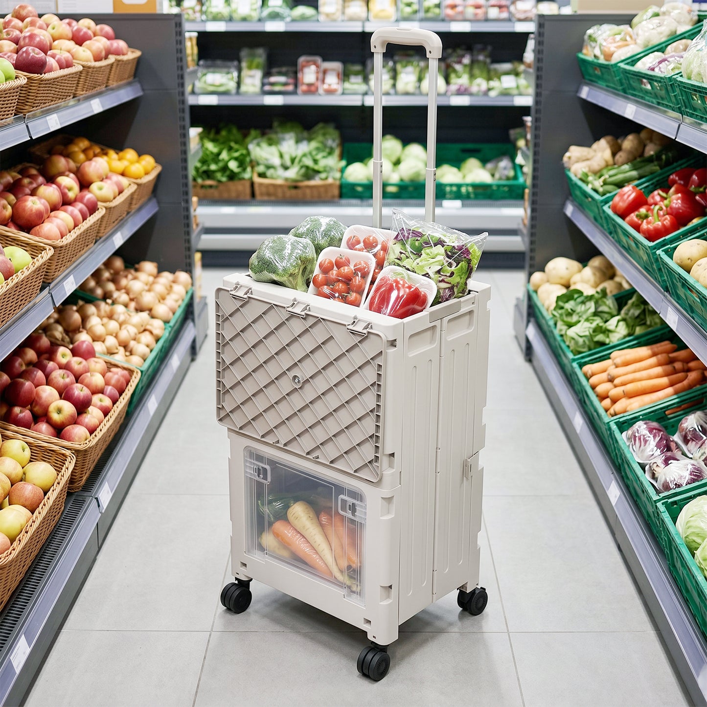 2-Tier Folding 72L Shopping Trolley Cart with Wheels