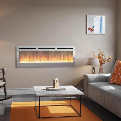 Linear Electric Fireplace Recessed in Chrome