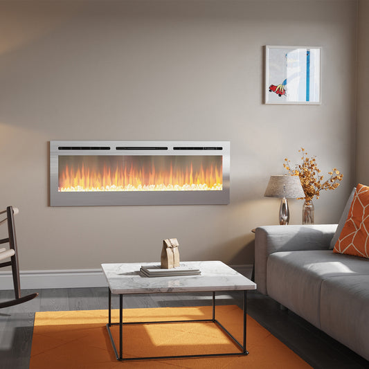 Linear Electric Fireplace Recessed in Chrome