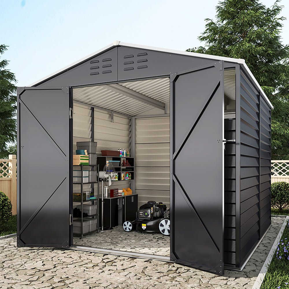 Charcoal Steel Tool Shed with Front Windows and Ventilation
