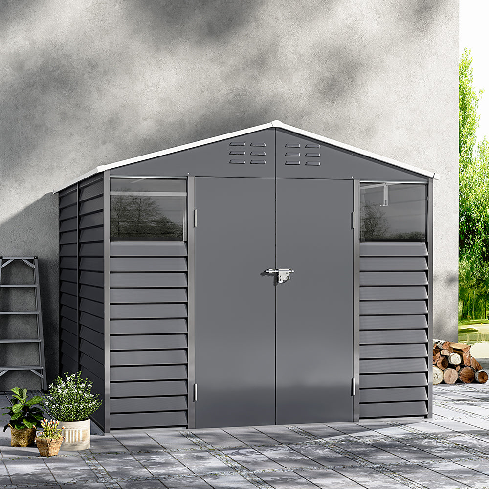 247CM Wide Metal Garden Tools Storage Shed with Front Windows and Ventilation