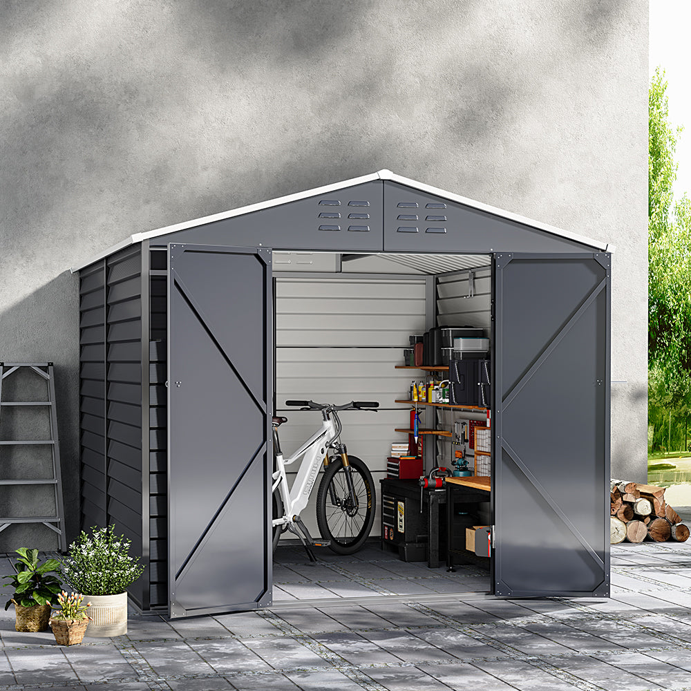 247CM Wide Metal Garden Tools Storage Shed with Front Windows and Ventilation