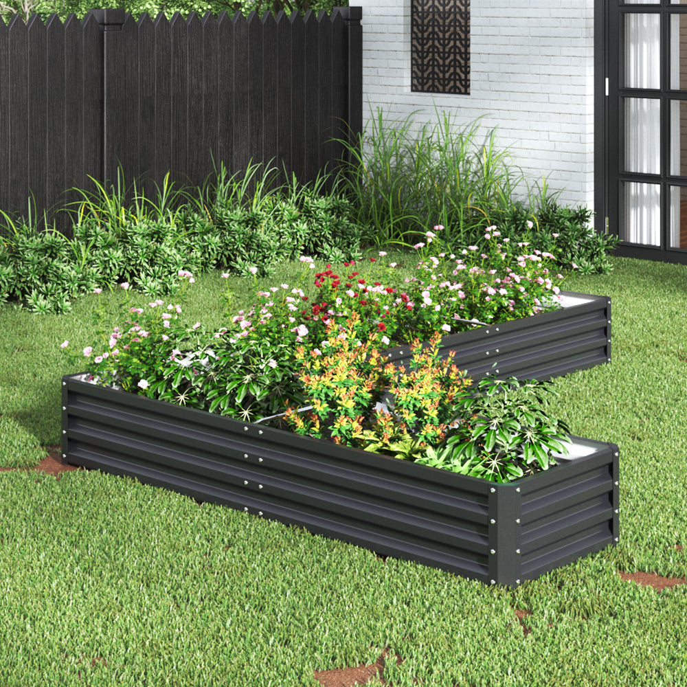 L-Shaped Galvanized Steel Raised Garden Bed Charcoal Black